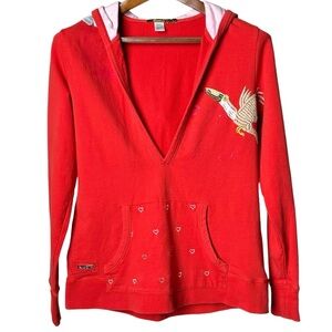 Luxirie Size Large Embroidered Pullover V Neck Red Long Sleeve Bohemian